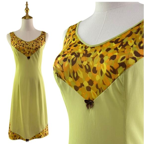 Vintage 60s Lime Green & Brown Nylon Wide Strap Full Slip Dress Women's Size M - Picture 1 of 10